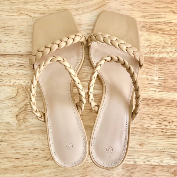 Women's 8.5 Nude Tan Beige Vegan Leather Braided Strappy Square Toe Sandal Heels - Picture 7 of 8